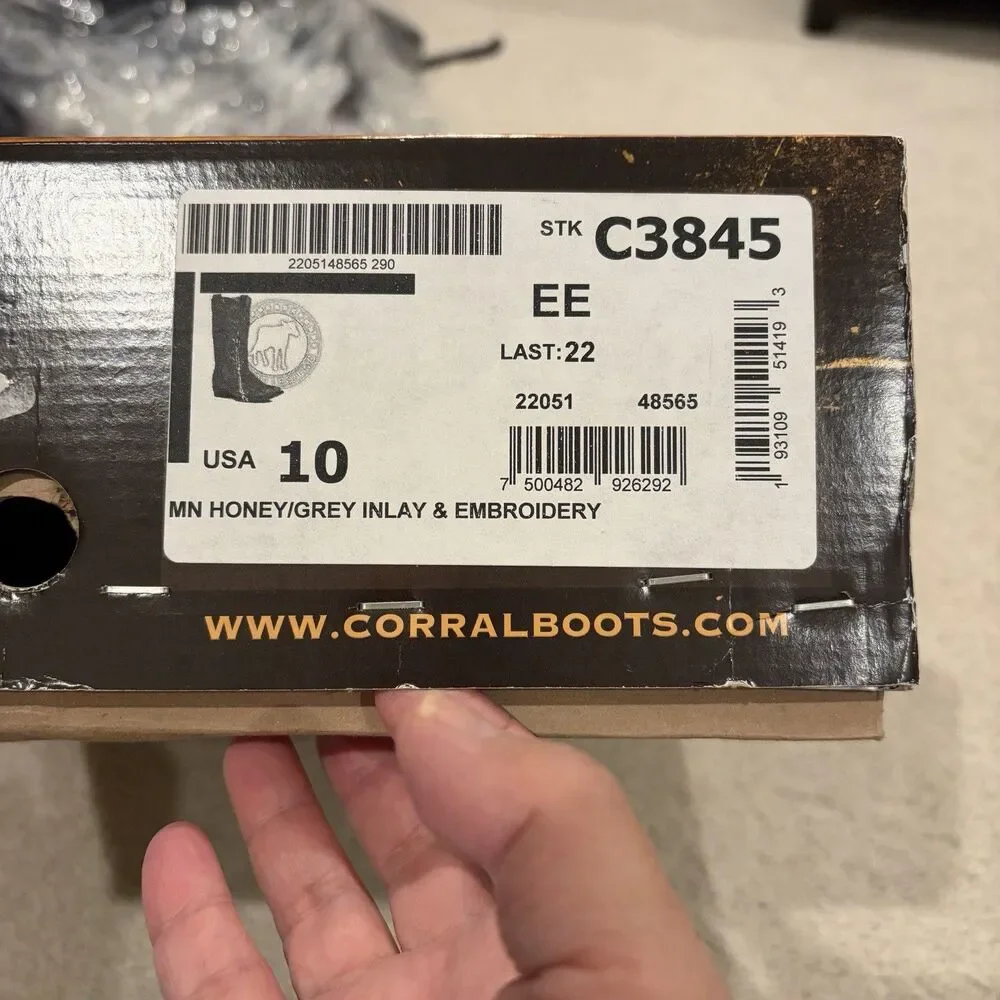 NIB Corral Men’s Honey Grey Inlay Embroidered Western Boots Leather 10 EE (wide)